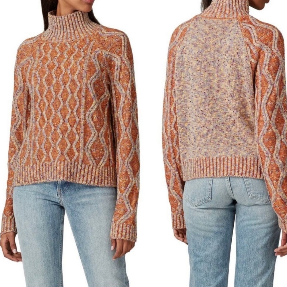 Louna Orange Multicolored High Neck Cableknit Style Sweater, Size‎ L